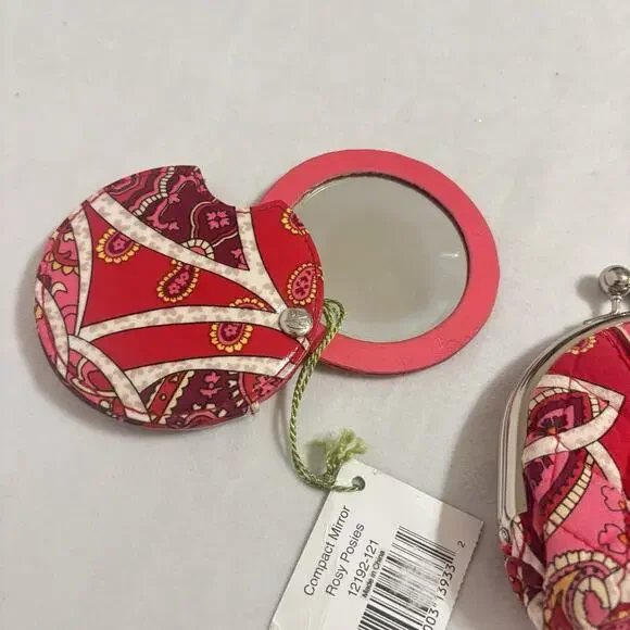 Vera Bradley Double Kiss Kisslock Coin Change Purse & Mirror Retired Rosy Posies - Picture 3 of 5